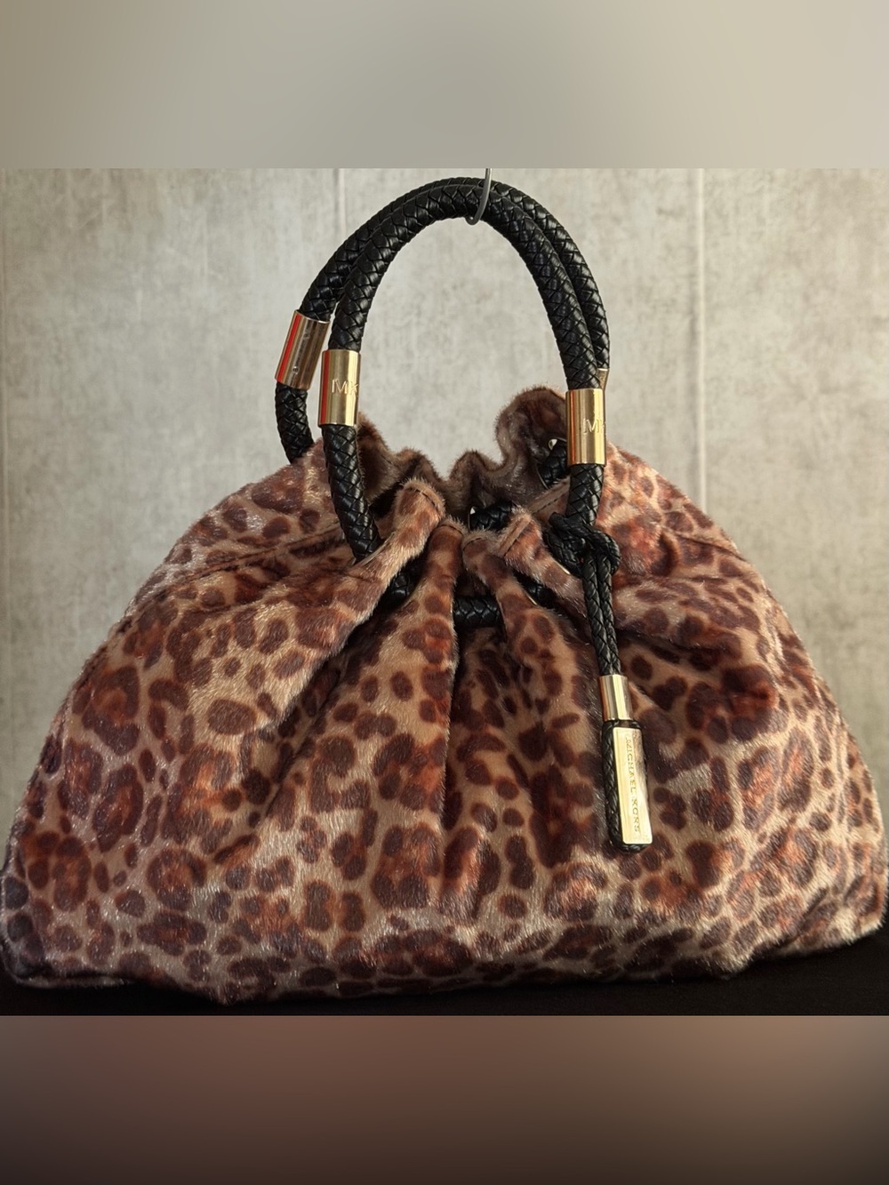 Michael Kors Collection Skorpios Leopard Cheetah Calf Hair Braided Ring Tote Bag